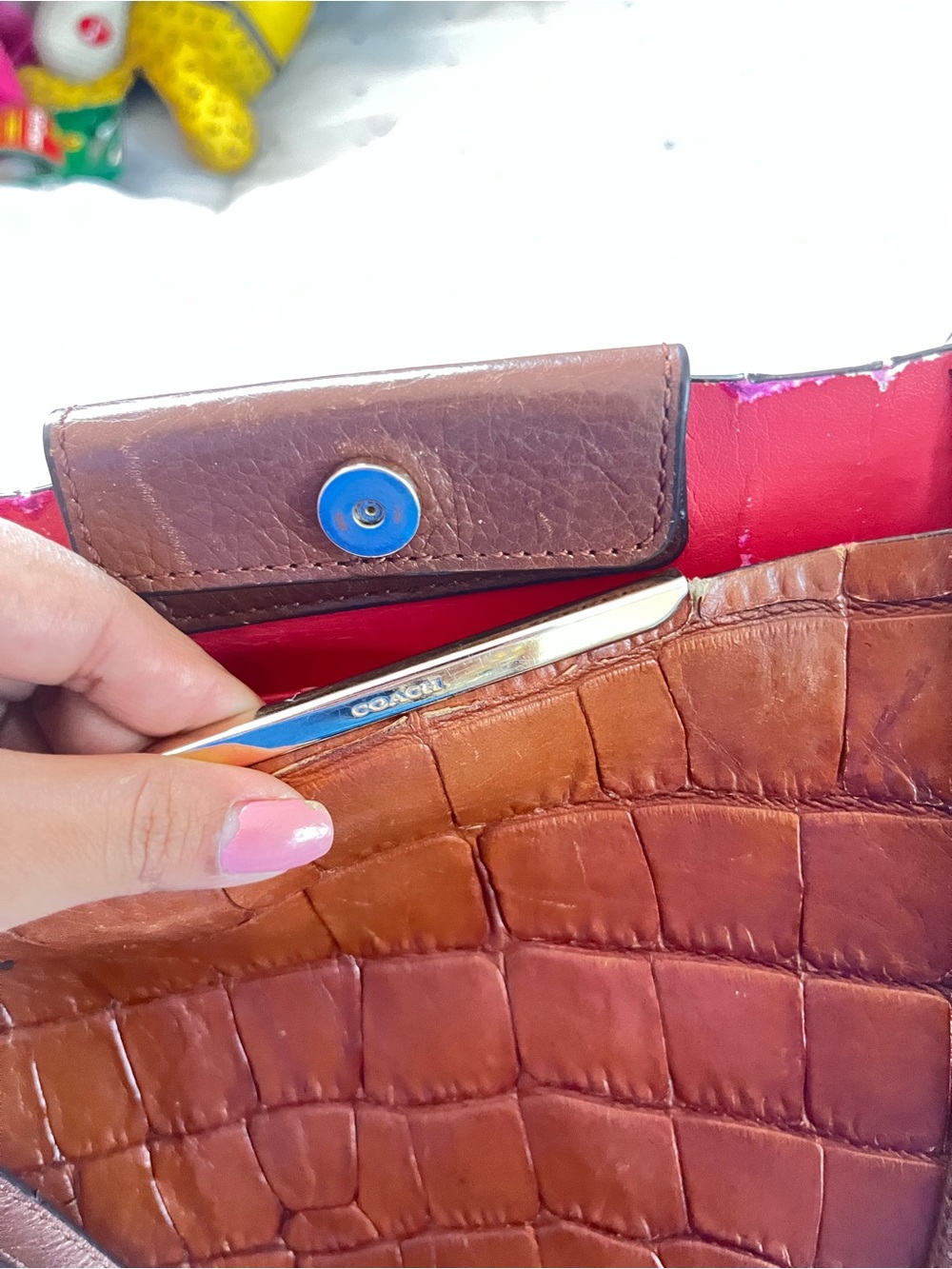Coach Croc-Embossed Leather Tote in Cognac Brown - Picture 8 of 13